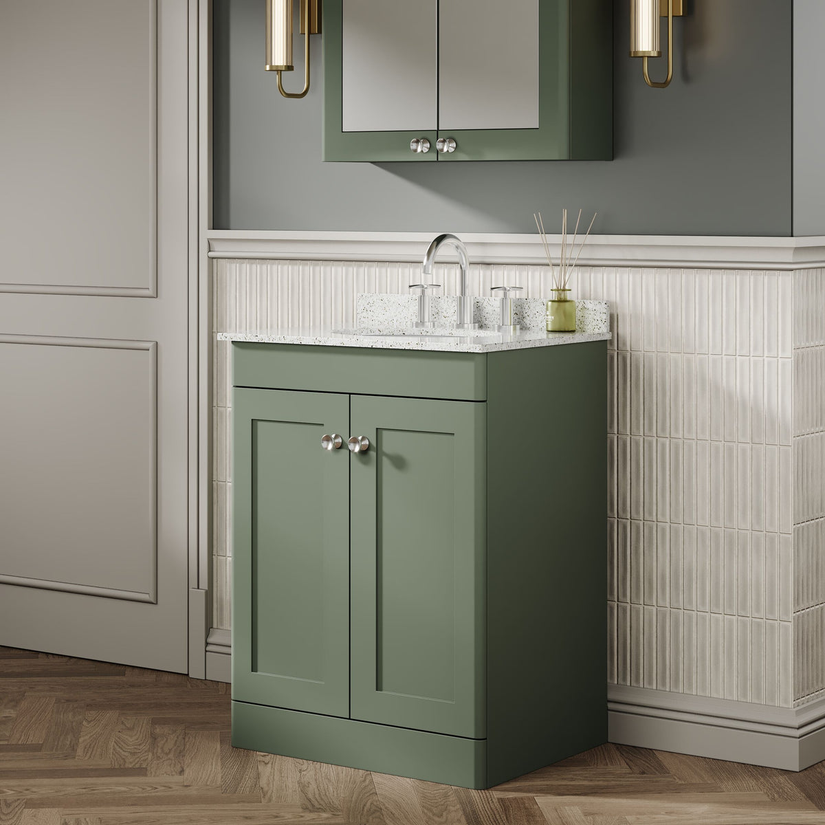 Modern Splash 600mm Satin Green 2 Door Floor Standing Vanity Unit With 3 Tap Hole Marble Basin