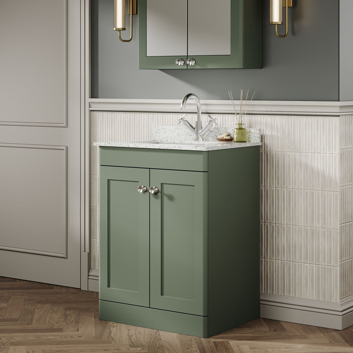Modern Splash 600mm Satin Green 2 Door Floor Standing Vanity Unit With 1 Tap Hole Marble Basin