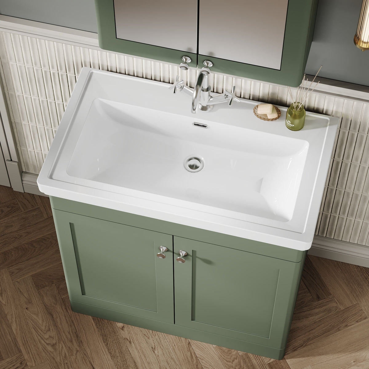 Modern Splash 800mm Satin Green 2 Door Floor Standing Vanity Unit With 1 Tap Hole Basin With Ceramic Basin