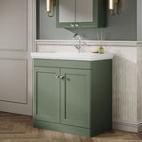 Modern Splash 800mm Satin Green 2 Door Floor Standing Vanity Unit With 1 Tap Hole Basin With Ceramic Basin