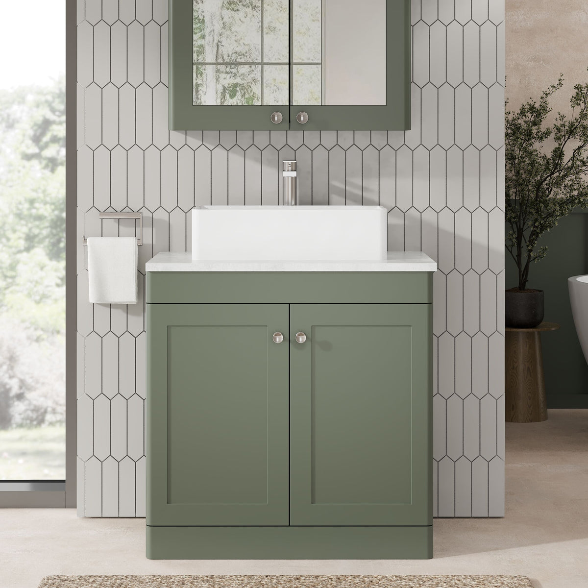 Modern Splash 810mm Satin Green 2 Door Floor Standing Vanity Unit With Grey Marble Worktop