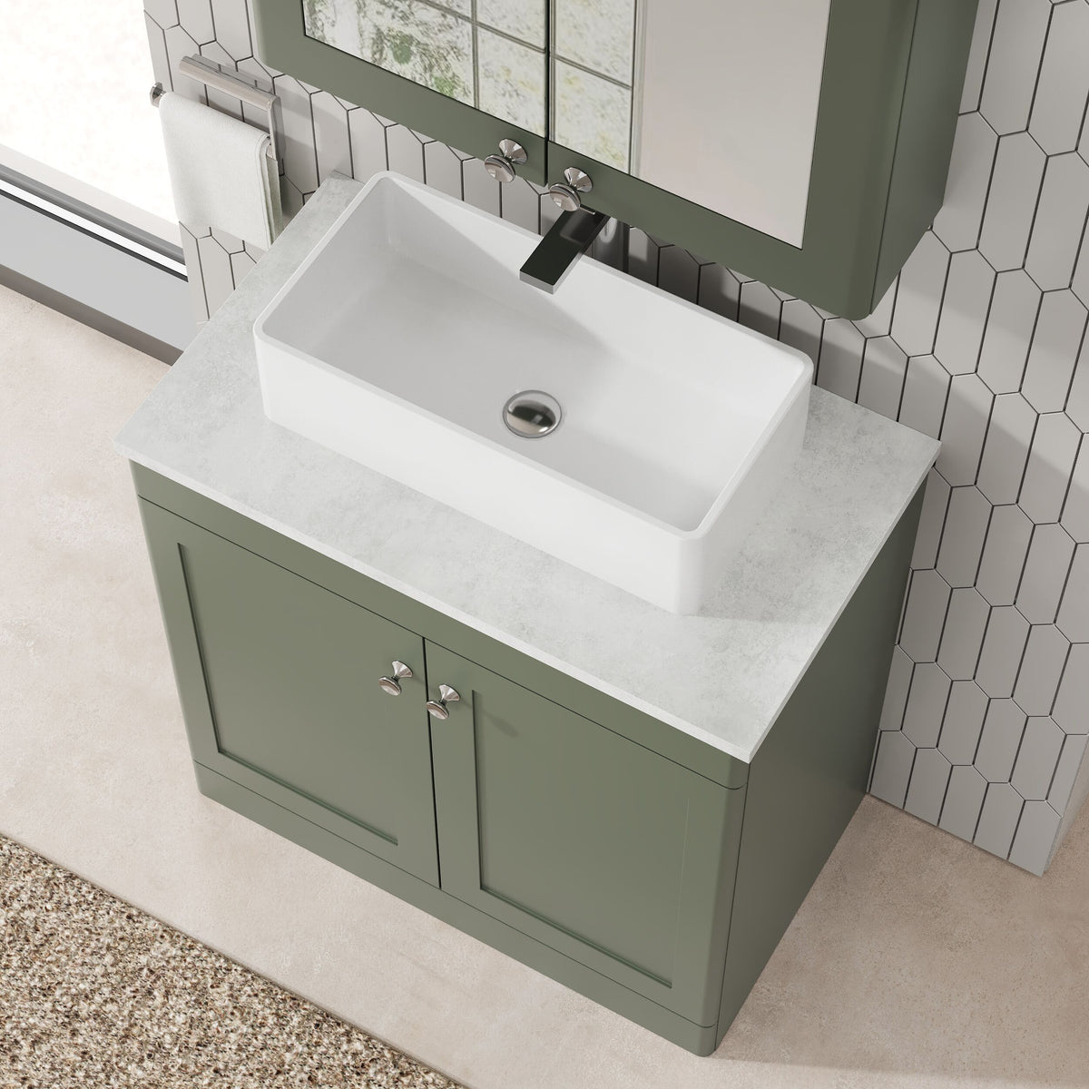 Modern Splash 810mm Satin Green 2 Door Floor Standing Vanity Unit With Grey Marble Worktop