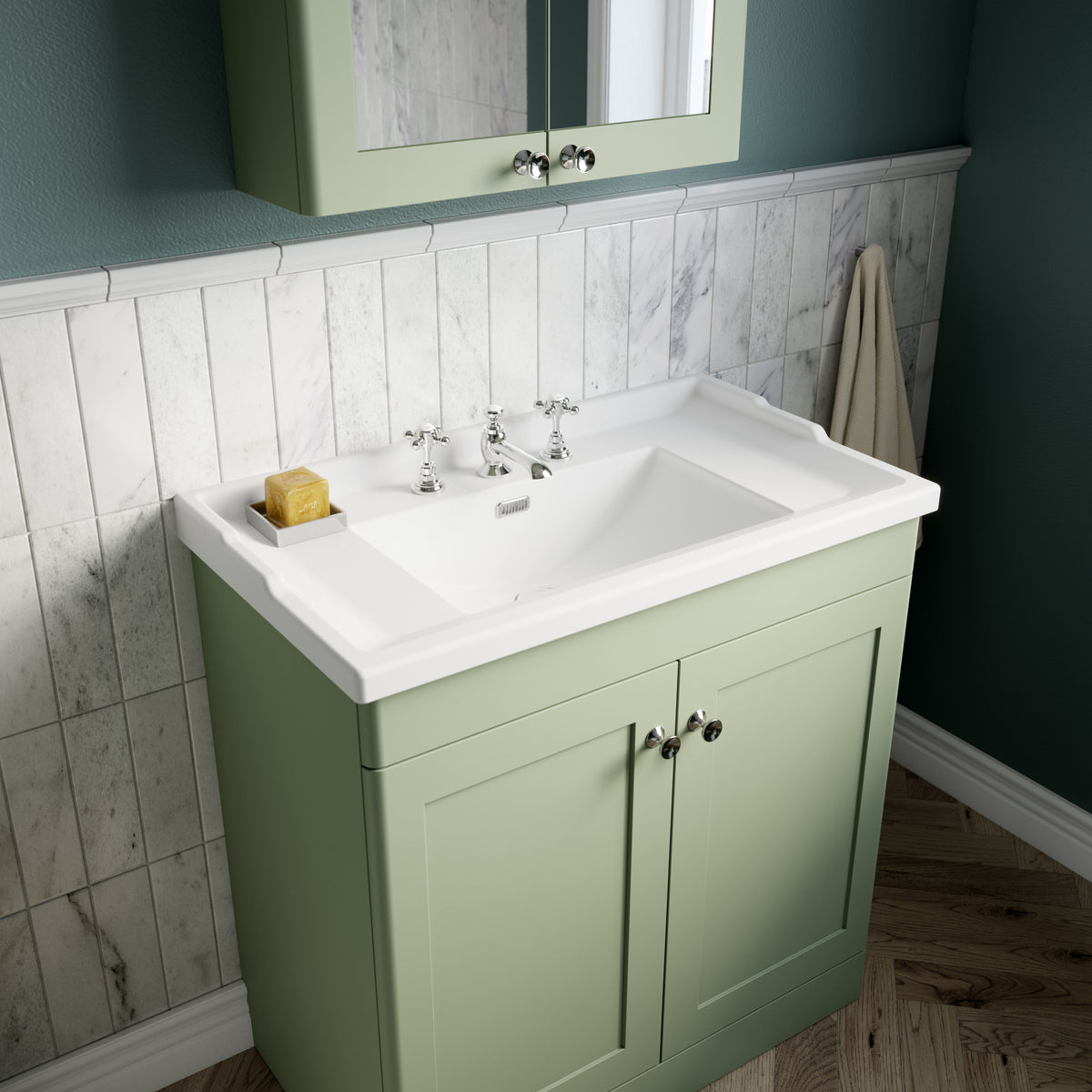 Modern Splash 800mm Satin Green 2 Door Floor Standing Vanity Unit With 3 Tap Hole Basin