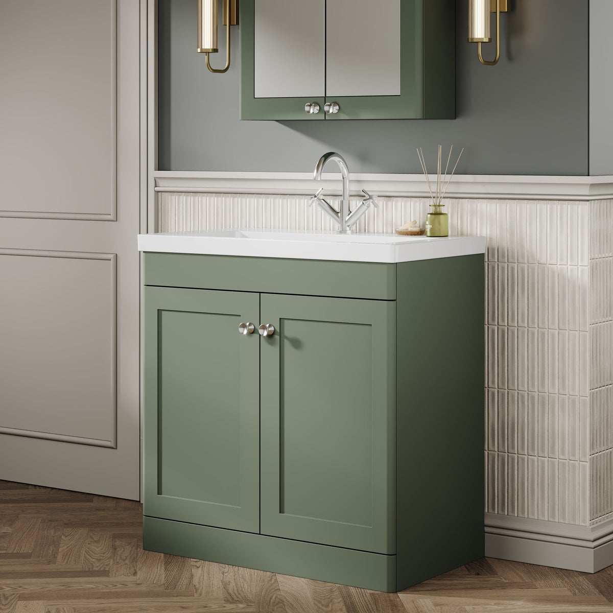 Modern Splash 800mm Satin Green 2 Door Floor Standing Vanity Unit With 1 Tap Hole Fireclay Basin