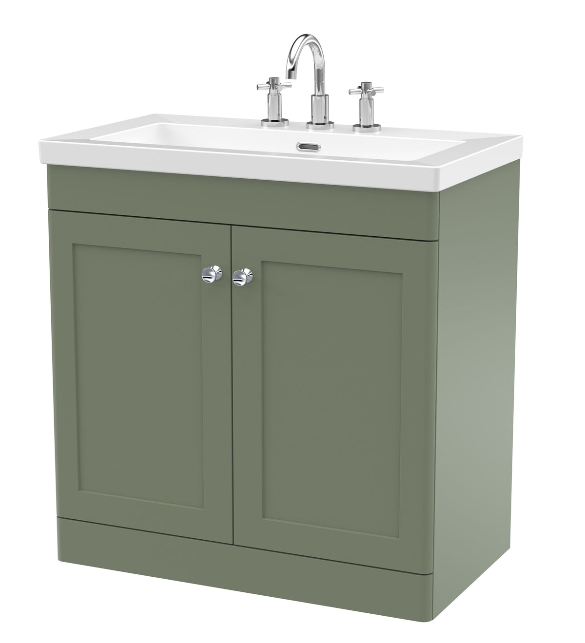 Modern Splash 800mm Satin Green 2 Door Floor Standing Vanity Unit With 3 Tap Hole Fireclay Basin