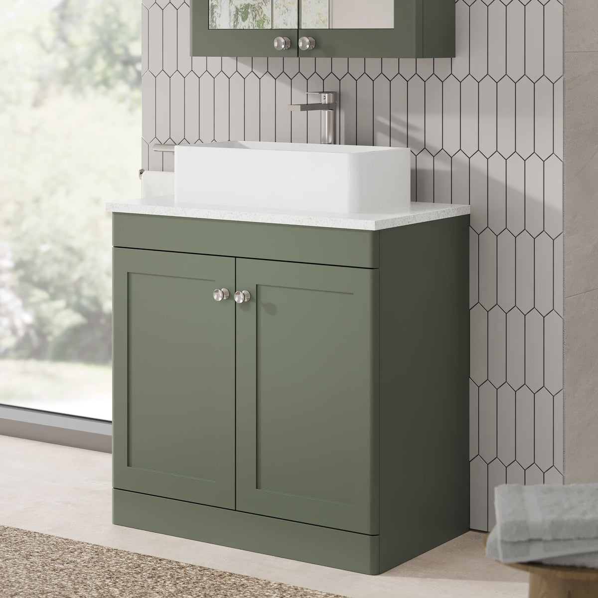 Modern Splash 800mm Satin Green 2 Door Floor Standing Vanity Unit With White Marble Worktop