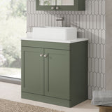 Modern Splash 800mm Satin Green 2 Door Floor Standing Vanity Unit With White Marble Worktop