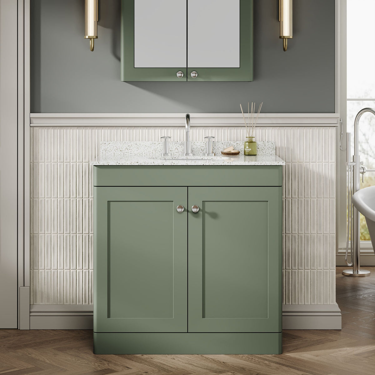 Modern Splash 800mm Satin Green 2 Door Floor Standing Vanity Unit With 3 Tap Hole Marble Basin