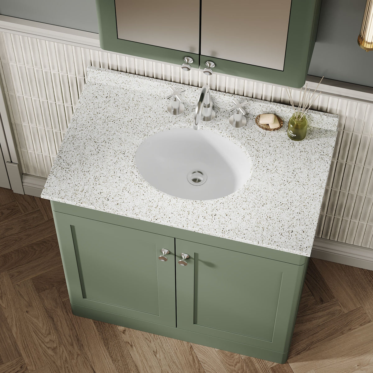 Modern Splash 800mm Satin Green 2 Door Floor Standing Vanity Unit With 3 Tap Hole Marble Basin