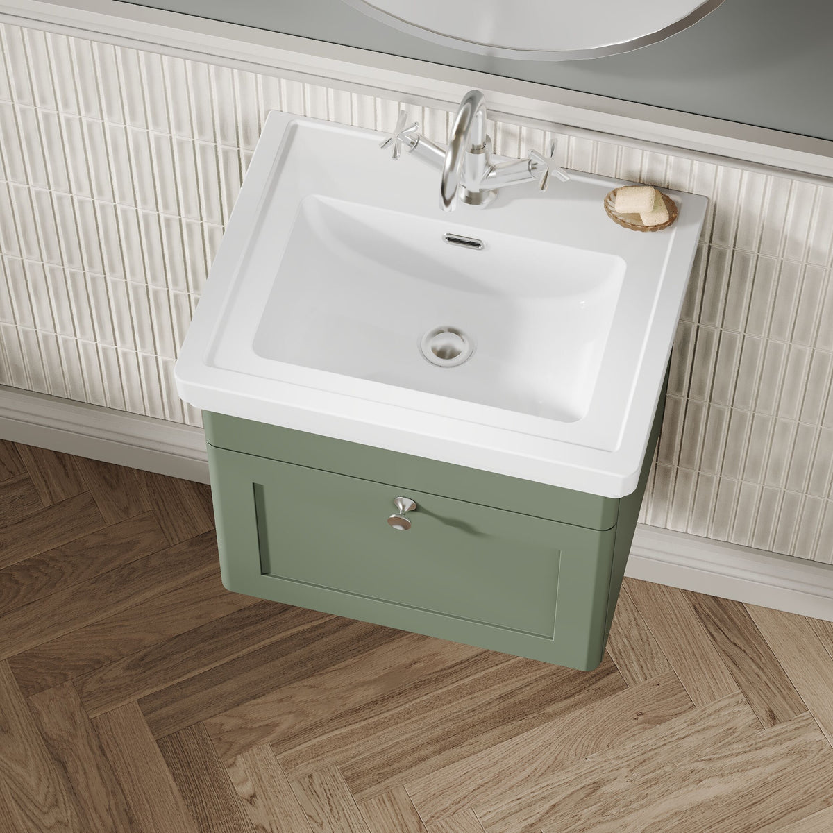 Modern Splash 500mm Satin Green 1 Drawer Wall Hung Vanity Unit With 1 Tap Hole Basin