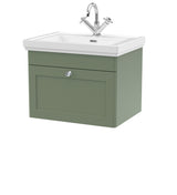 Modern Splash 600mm Satin Green 1 Drawer Wall Hung Vanity Unit With 1 Tap Hole Basin With Ceramic Basin