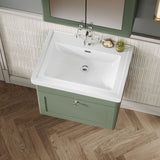 Modern Splash 600mm Satin Green 1 Drawer Wall Hung Vanity Unit With 1 Tap Hole Basin With Ceramic Basin