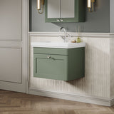 Modern Splash 600mm Satin Green 1 Drawer Wall Hung Vanity Unit With 1 Tap Hole Basin With Ceramic Basin