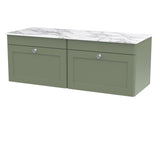 Modern Splash 1200mm Satin Green  2 Drawer Wall Hung Vanity Unit With Carrara Marble Worktop