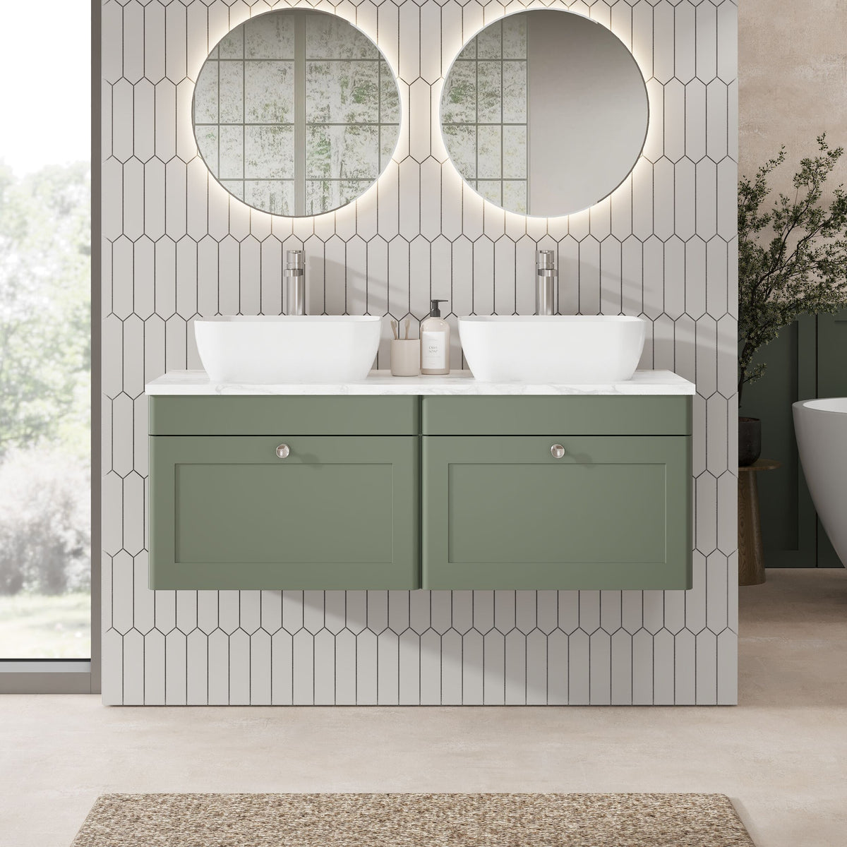 Modern Splash 1200mm Satin Green  2 Drawer Wall Hung Vanity Unit With Carrara Marble Worktop