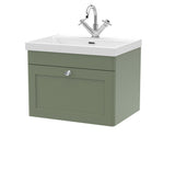 Modern Splash 600mm Satin Green 1 Drawer Wall Hung Vanity Unit With 1 Tap Hole Thin Edge Basin