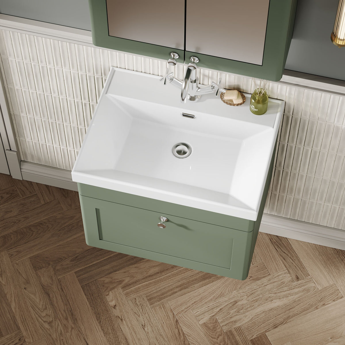 Modern Splash 600mm Satin Green 1 Drawer Wall Hung Vanity Unit With 1 Tap Hole Thin Edge Basin