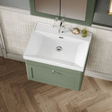 Modern Splash 600mm Satin Green 1 Drawer Wall Hung Vanity Unit With 1 Tap Hole Thin Edge Basin
