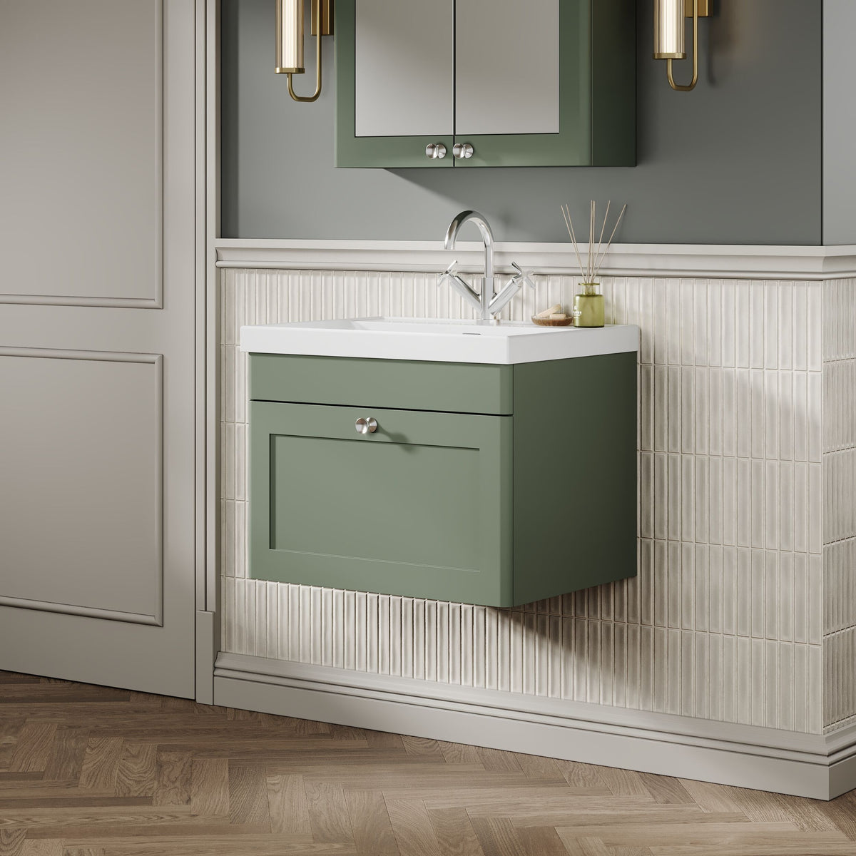 Modern Splash 600mm Satin Green 1 Drawer Wall Hung Vanity Unit With 1 Tap Hole Thin Edge Basin