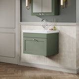 Modern Splash 600mm Satin Green 1 Drawer Wall Hung Vanity Unit With 1 Tap Hole Thin Edge Basin
