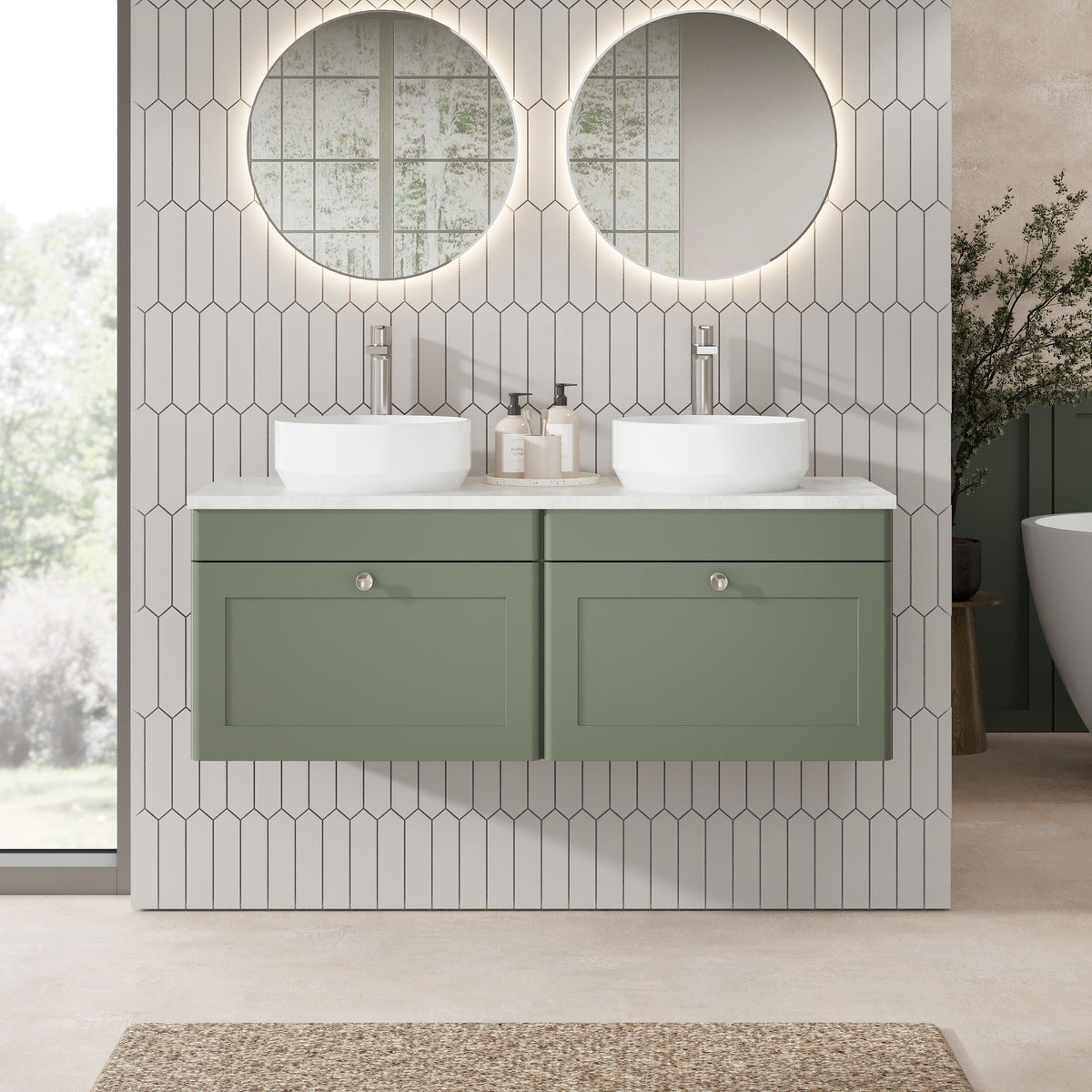 Modern Splash 1200mm Satin Green 2 Drawer Wall Hung Vanity Unit With Grey Marble Worktop