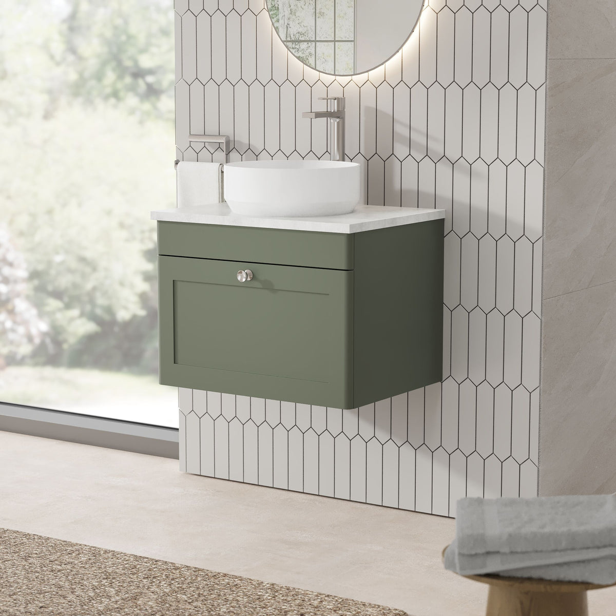 Modern Splash 600mm Satin Green 1 Drawer Wall Hung Vanity Unit With Grey Marble Worktop