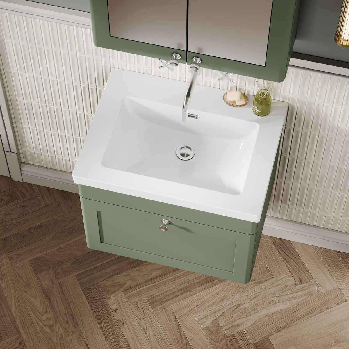 Modern Splash 600mm Satin Green 1 Drawer Wall Hung Vanity Unit With Fireclay Basin