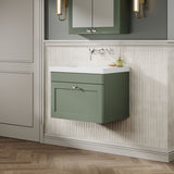 Modern Splash 600mm Satin Green 1 Drawer Wall Hung Vanity Unit With Fireclay Basin
