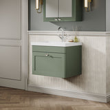 Modern Splash 600mm Satin Green 1 Drawer Wall Hung Vanity Unit With 1 Tap Hole Fireclay Basin