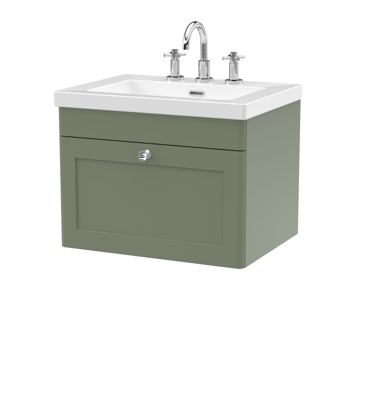 Modern Splash 600mm Satin Green 1 Drawer Wall Hung Vanity Unit With 3 Tap Hole Fireclay Basin