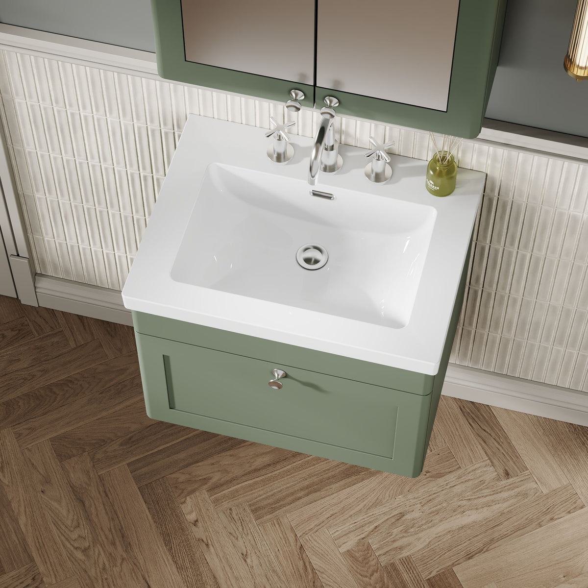 Modern Splash 600mm Satin Green 1 Drawer Wall Hung Vanity Unit With 3 Tap Hole Fireclay Basin