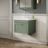 Modern Splash 600mm Satin Green 1 Drawer Wall Hung Vanity Unit With 3 Tap Hole Fireclay Basin
