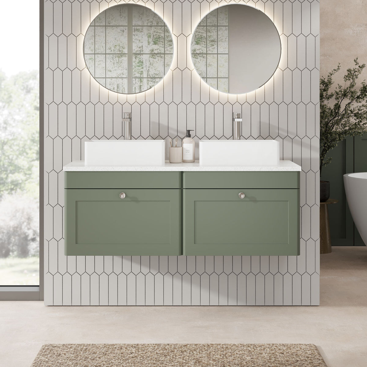 Modern Splash 1200mm Satin Green 2 Drawer Wall Hung Vanity With White Marble Worktop