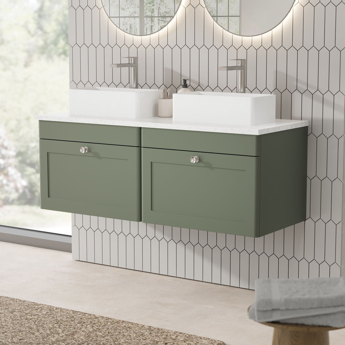 Modern Splash 1200mm Satin Green 2 Drawer Wall Hung Vanity With White Marble Worktop