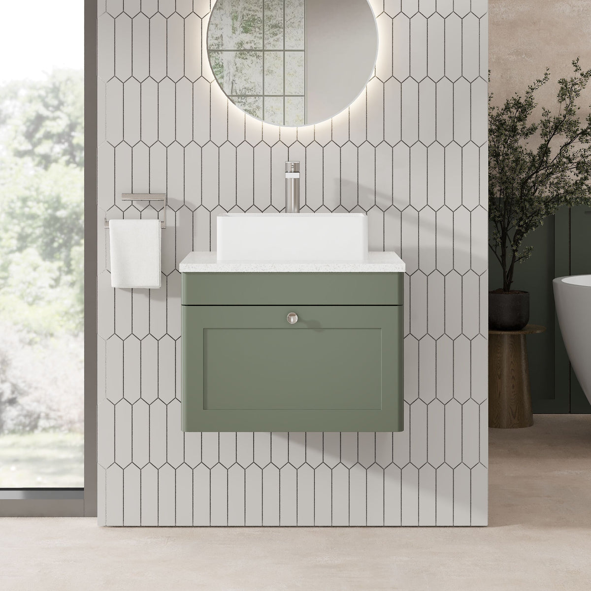 Modern Splash 600mm Satin Green 1 Drawer Wall Hung Vanity With White Marble Worktop