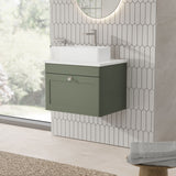 Modern Splash 600mm Satin Green 1 Drawer Wall Hung Vanity With White Marble Worktop