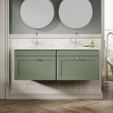 Modern Splash 1200mm Satin Green 2 Drawer Wall Hung Vanity Unit With 2 Tap Hole Marble Basin