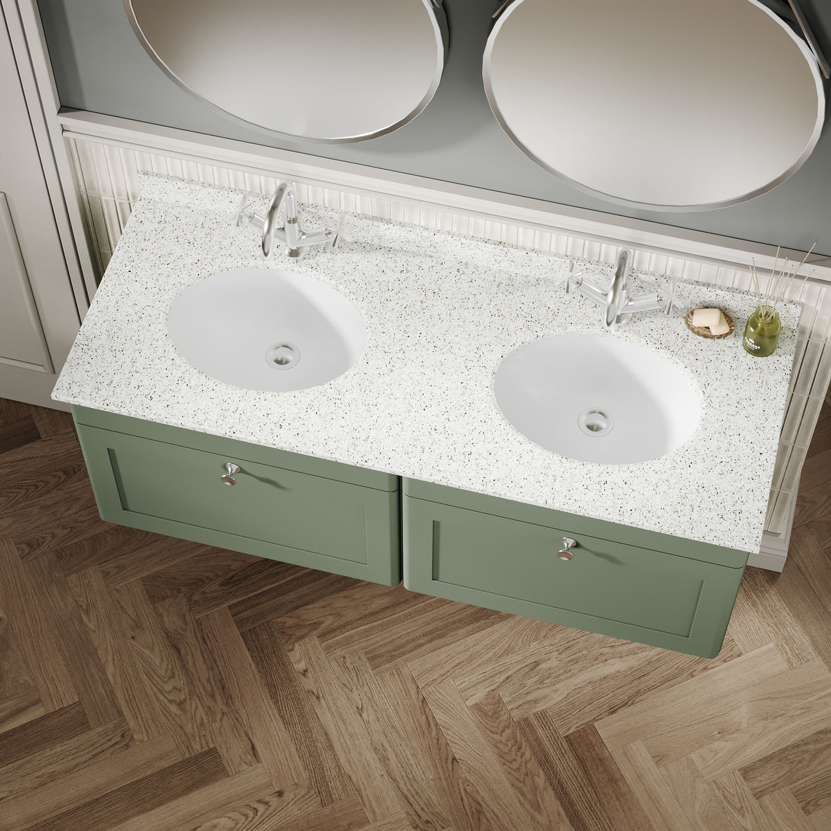 Modern Splash 1200mm Satin Green 2 Drawer Wall Hung Vanity Unit With 2 Tap Hole Marble Basin