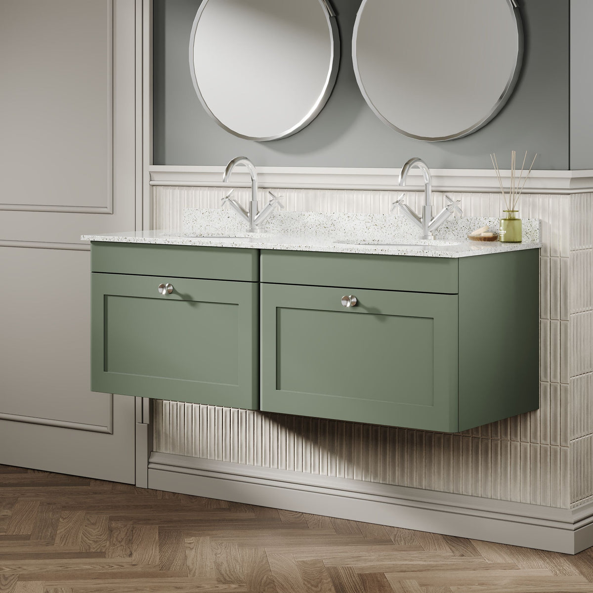 Modern Splash 1200mm Satin Green 2 Drawer Wall Hung Vanity Unit With 2 Tap Hole Marble Basin