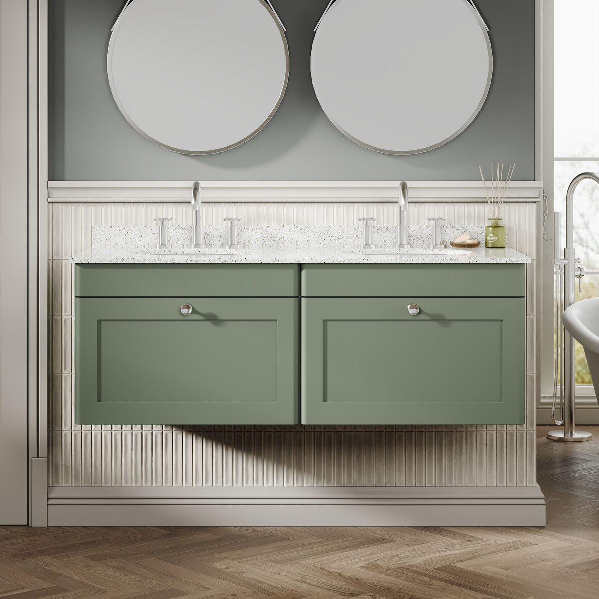Modern Splash 1200mm Satin Green 2 Drawer Wall Hung Vanity Unit With 6 Tap Hole Marble Basin