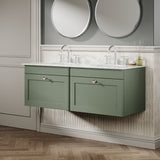 Modern Splash 1200mm Satin Green 2 Drawer Wall Hung Vanity Unit With 6 Tap Hole Marble Basin