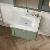 Modern Splash 600mm Satin Green 1 Drawer Wall Hung Vanity Unit With 1 Tap Hole Marble Basin