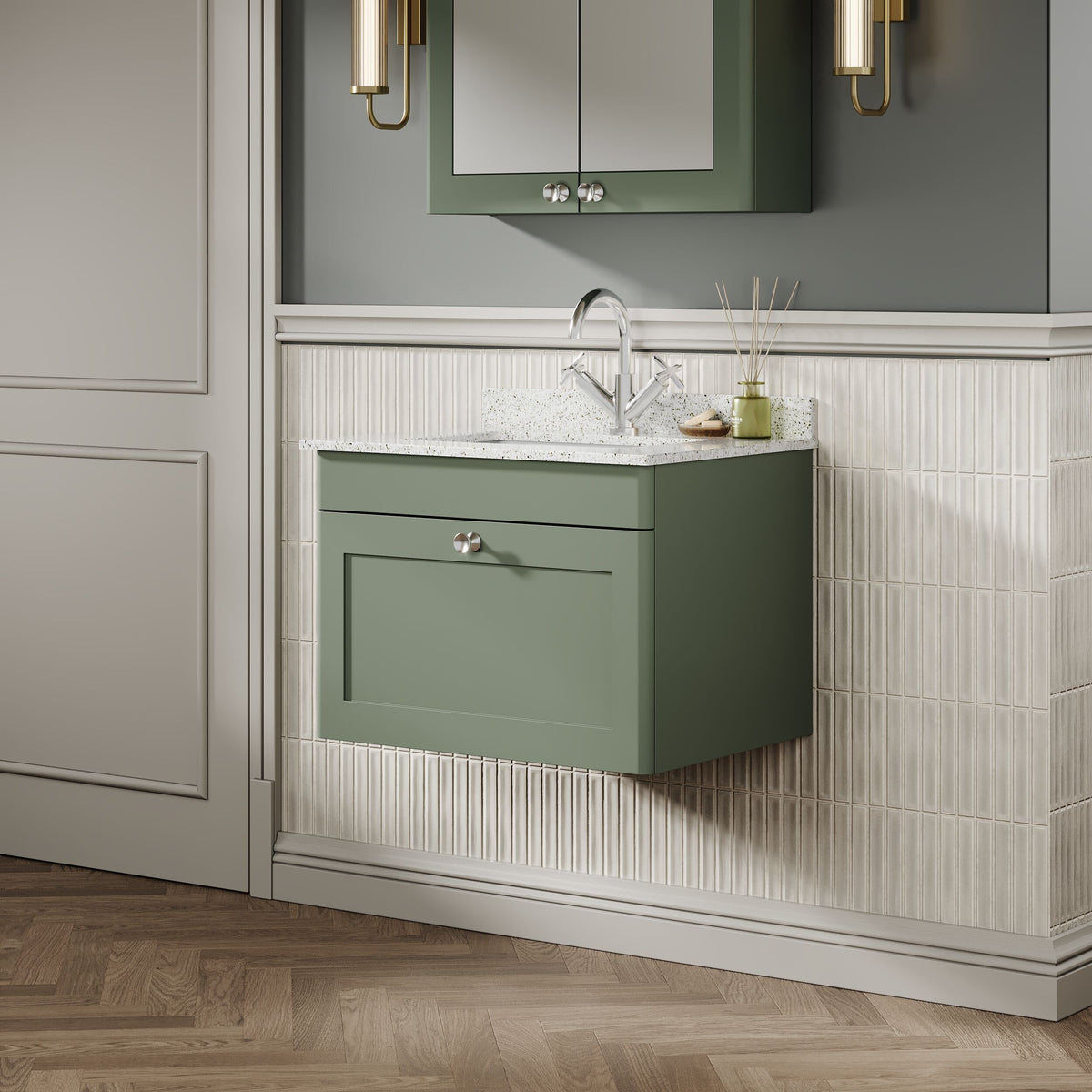 Modern Splash 600mm Satin Green 1 Drawer Wall Hung Vanity Unit With 1 Tap Hole Marble Basin