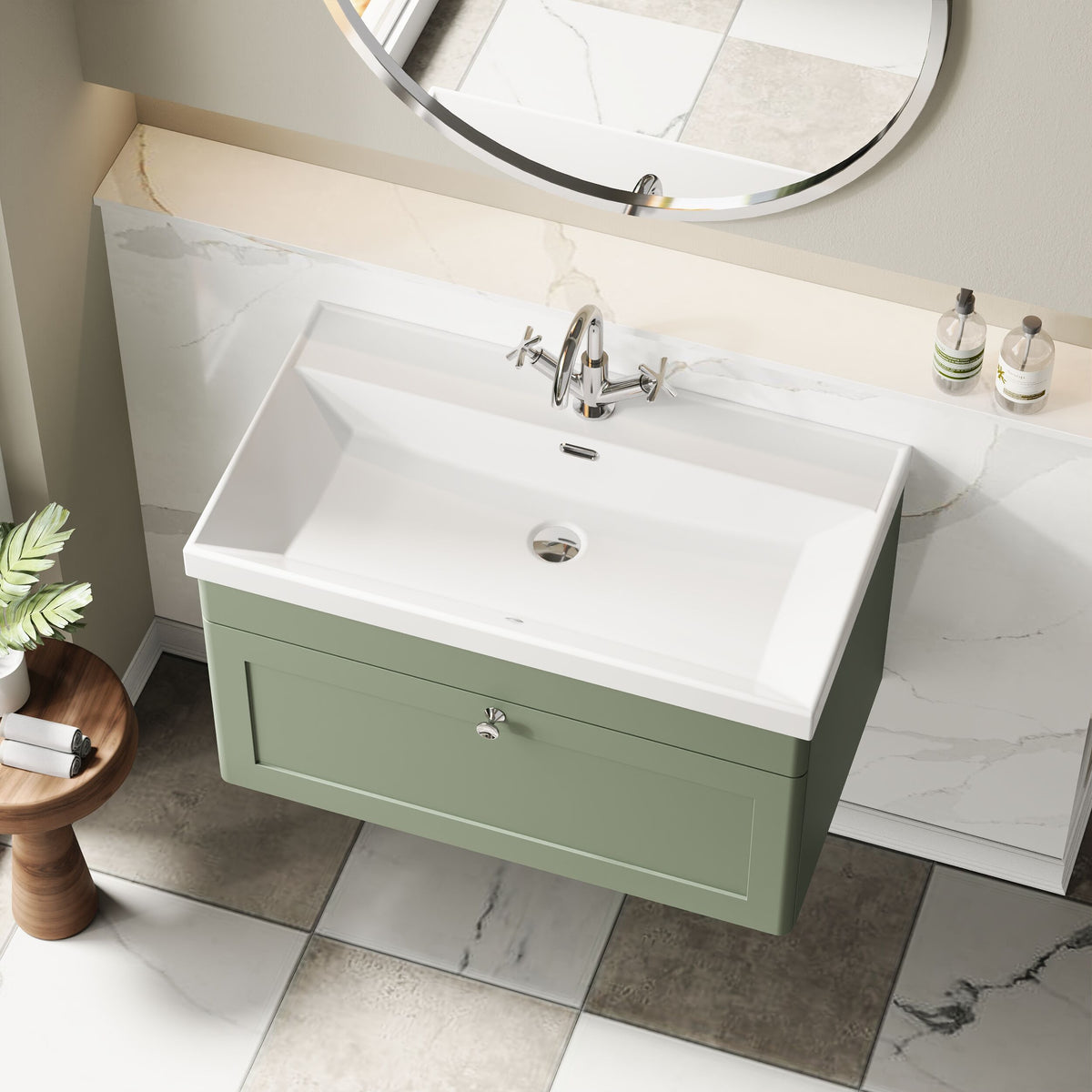 Modern Splash 800mm Satin Green 1 Drawer Wall Hung Vanity Unit With 1 Tap Hole Thin Edge Basin