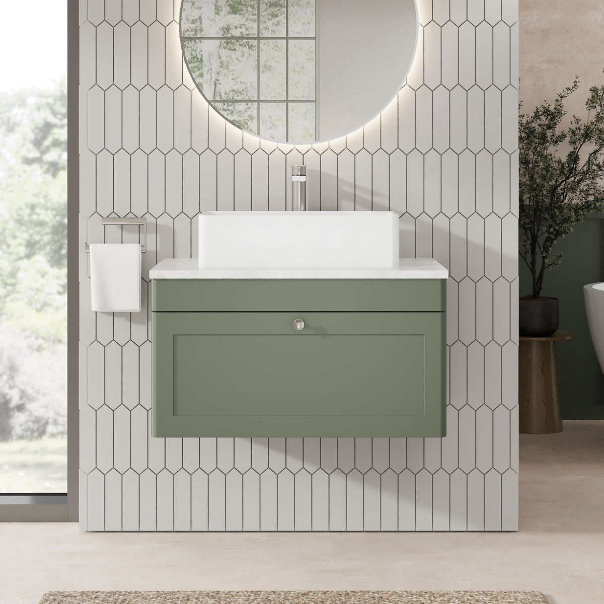 Modern Splash 810mm Satin Green 1 Drawer Wall Hung Vanity Unit With Grey Marble Worktop