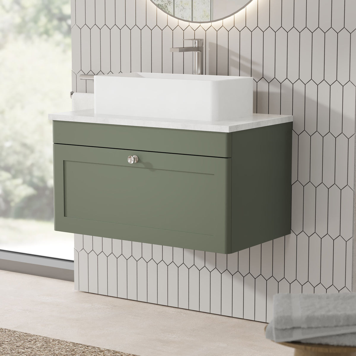 Modern Splash 810mm Satin Green 1 Drawer Wall Hung Vanity Unit With Grey Marble Worktop