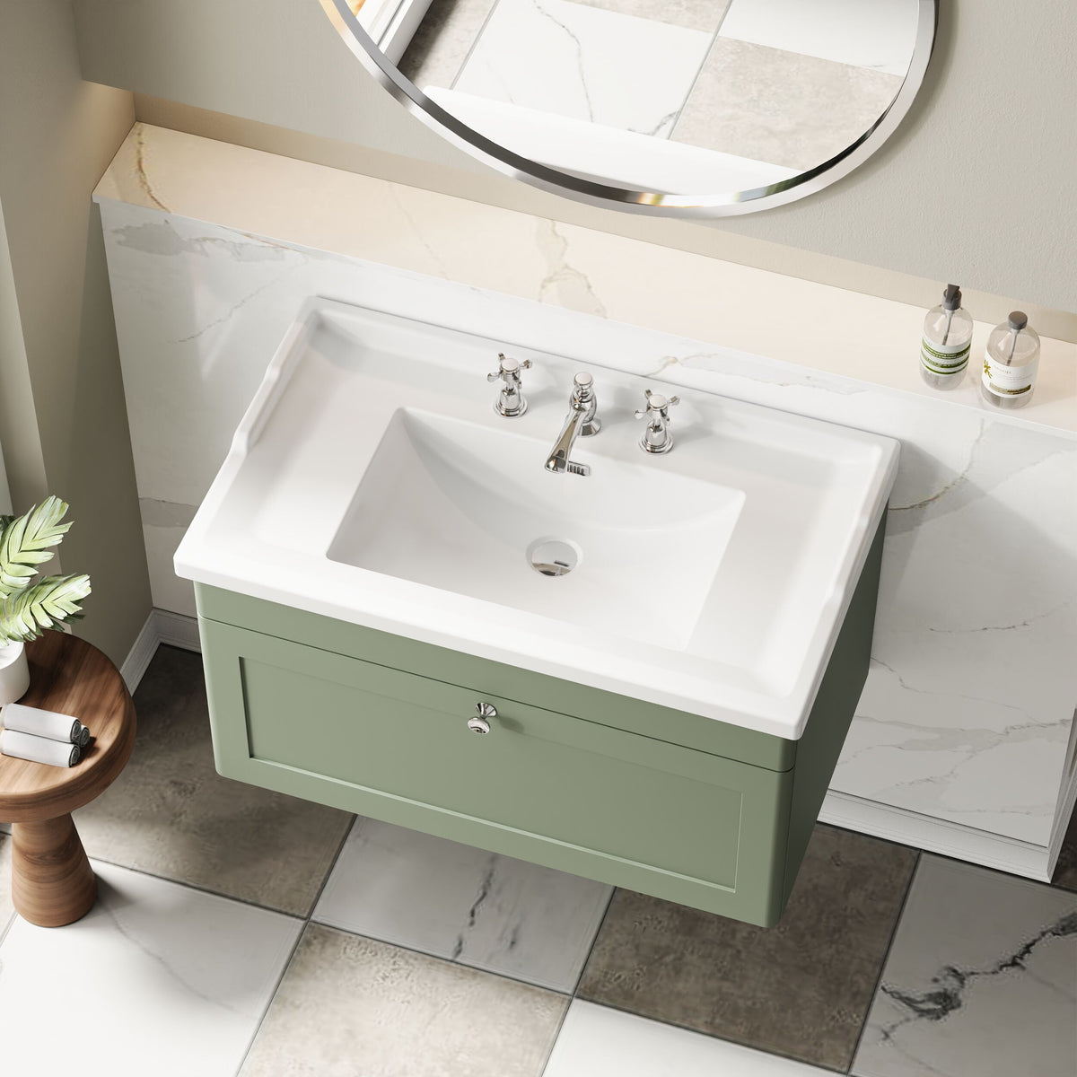 Modern Splash 800mm Satin Green 1 Drawer Wall Hung Vanity Unit With 3 Tap Hole Basin