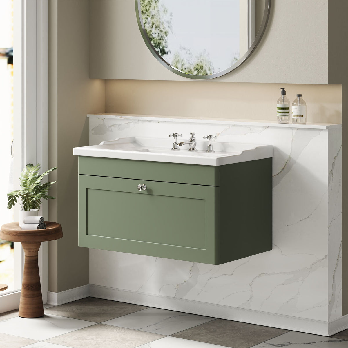 Modern Splash 800mm Satin Green 1 Drawer Wall Hung Vanity Unit With 3 Tap Hole Basin