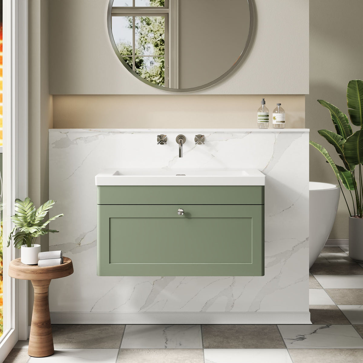 Modern Splash 800mm Satin Green 1 Drawer Wall Hung Vanity Unit With Fireclay Basin
