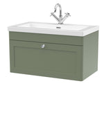 Modern Splash 800mm Satin Green 1 Drawer Wall Hung Vanity Unit With 1 Tap Hole Fireclay Basin